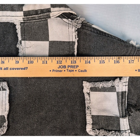 Pol Boutique Brand Wmn Sm. Distressed Patched Fringe Blk Gray Denim Jacket EUC - Picture 15 of 16